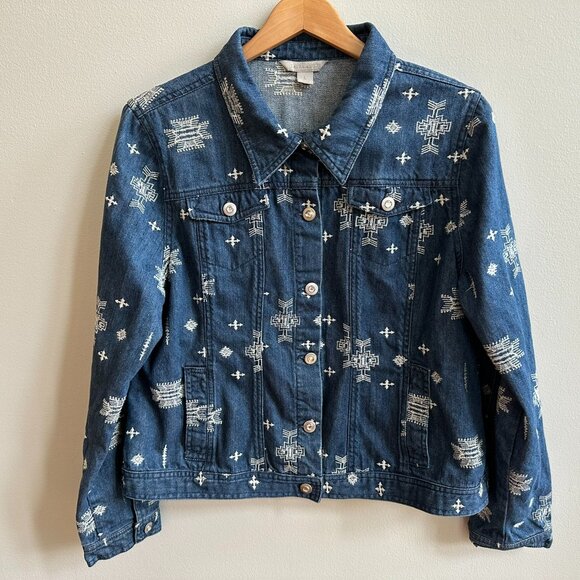 Laura Ashley Blue Denim Jacket Size L with Southwest Stitched design - Picture 1 of 9